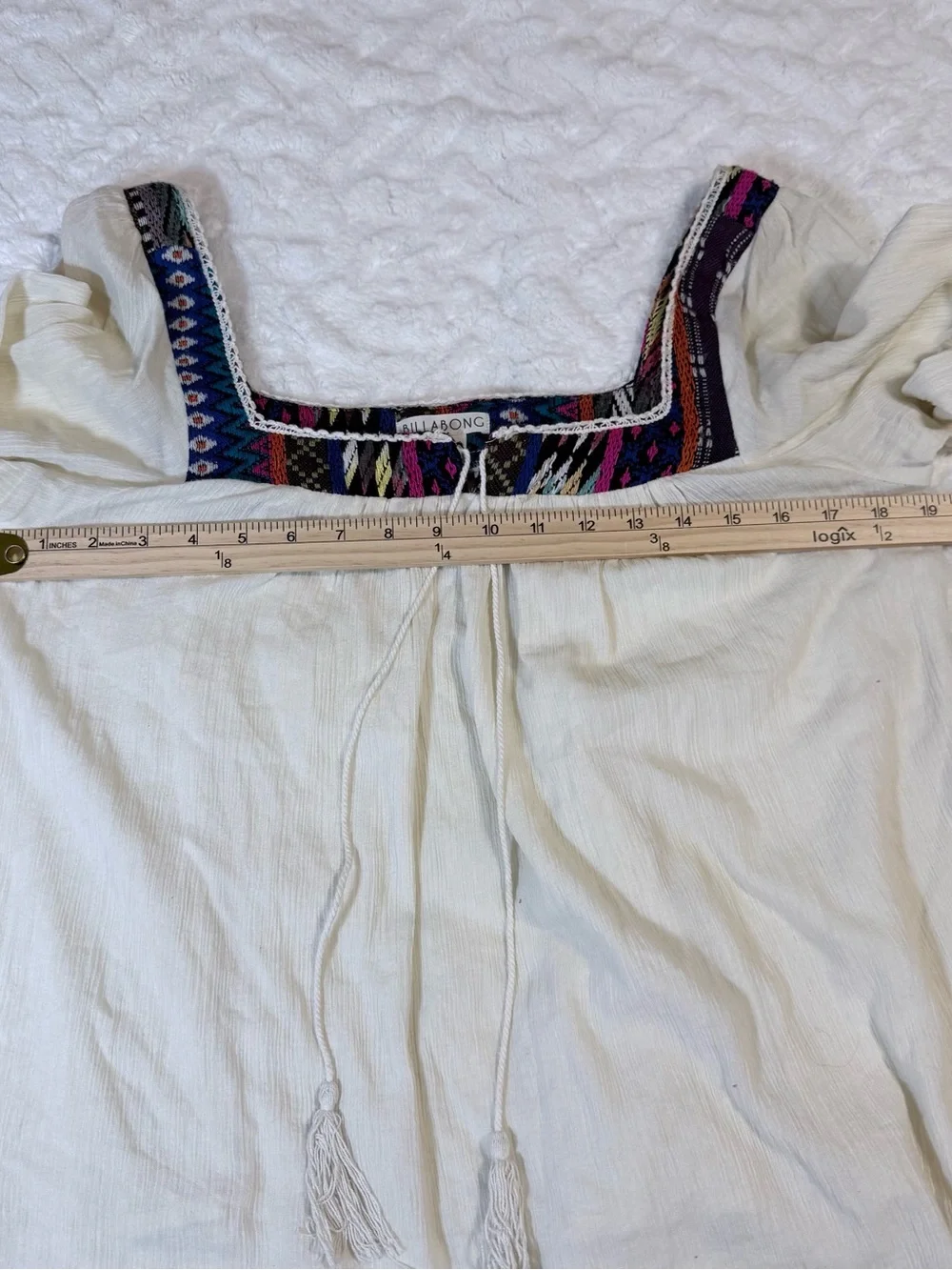 Billabong White Peasant Blouse with Multicolor Embroidered Square Neck- Size L - Picture 5 of 15